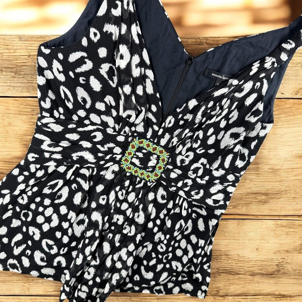 Vintage Nanette Lepore Top Women 4 Black White Silk Leopard Peplum Beaded USA